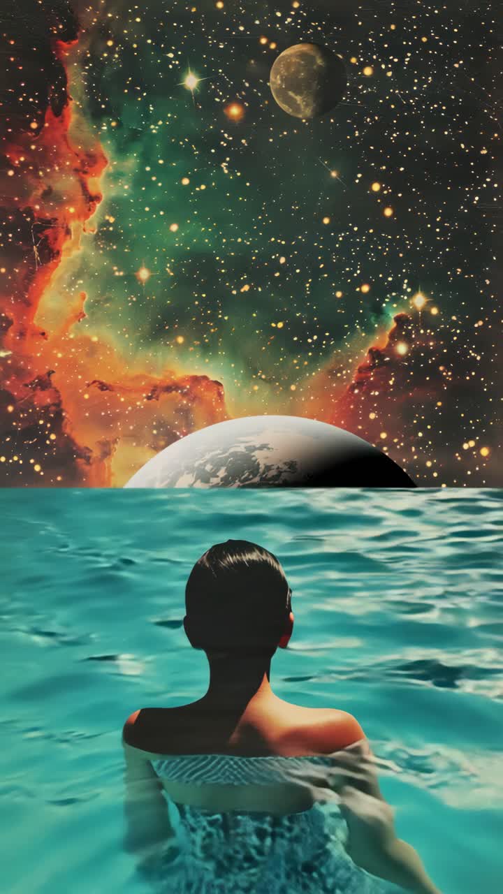 Video surreale con visuale posteriore di una persona in una piscina, che guarda un cielo cosmico