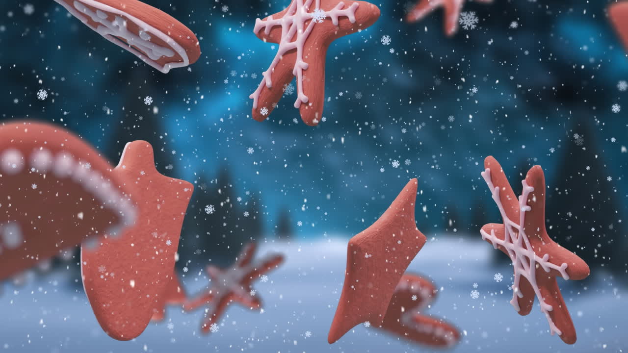 animación de galletas de jengibre de navidad sobre copos de nieve que caen y paisajes de invierno