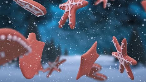 animation of christmas gingerbread cookies over snowflakes falling and winter scenery