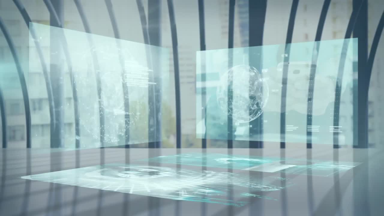 현대적인 건물과 도시 풍경 위의 화면에서 데이터 처리의 애니메이션