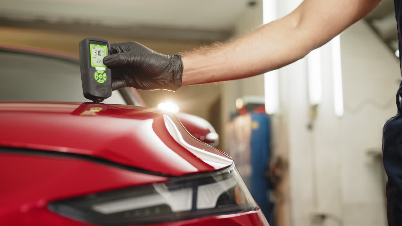 comprobando el grosor de la pintura en un coche rojo