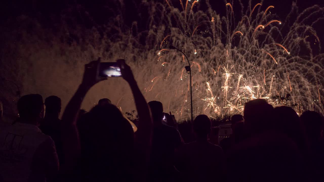 multitud viendo los fuegos artificiales por la noche