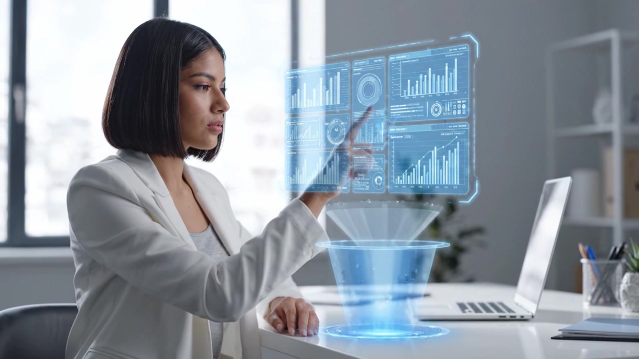 A business woman engaged in a virtual presentation, demonstrating future technology with holographic data displays, showcasing innovation and digital communication.