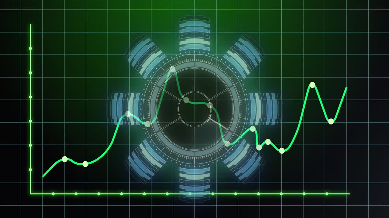 원형 스캐너의 애니메이션과 녹색 배경에 그리드 네트워크를 통해 통계 데이터 처리