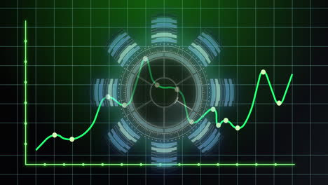 animación del escáner redondo y el procesamiento de datos estadísticos a través de la red de cuadrícula sobre fondo verde