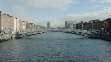 aerial close up of the ha'penny bridge in dublin city