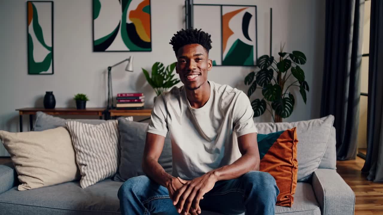 Casual home setting with a young man sitting on a sofa, smiling. Side angle shot captures a relaxed