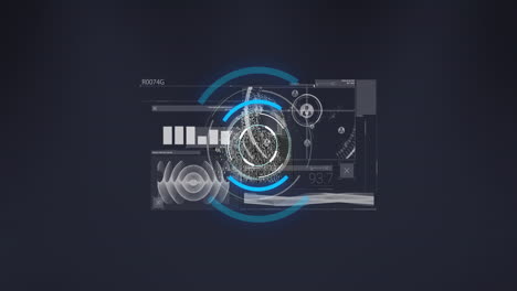 animation of circular scanner and charts processing data on black background