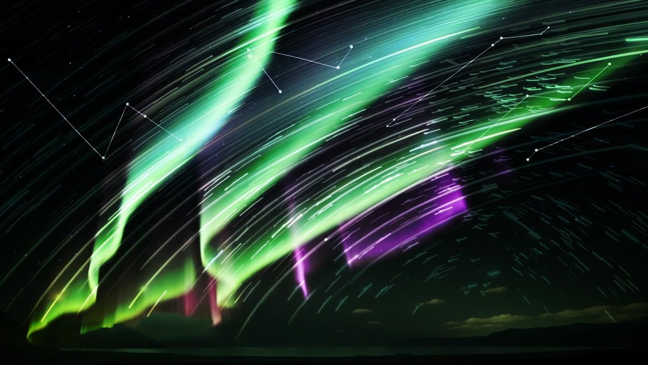 As night deepening aurora curtains brightening over polar shore with star trails arcing overhead