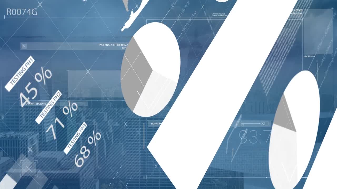 도시 풍경 위의 데이터 처리 애니메이션