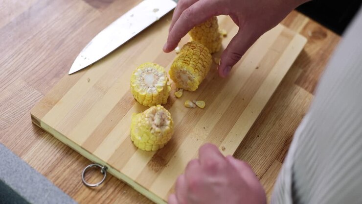 Hands Chopping Fresh Corn on a Cutting Board