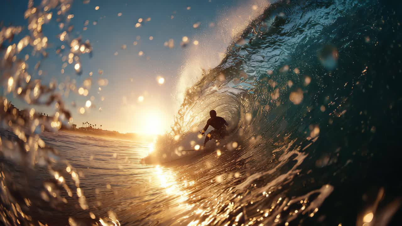 Surfer riding sunset wave adventurous scene of surfer prowess