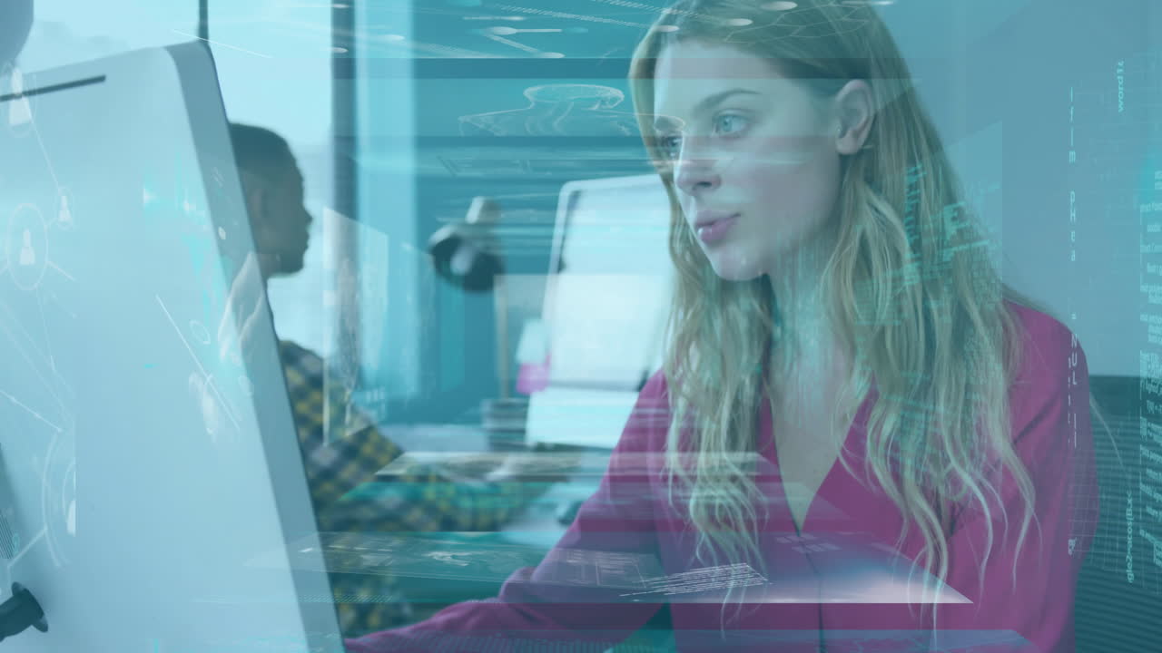 Woman working on computer with digital data processing animation overlay
