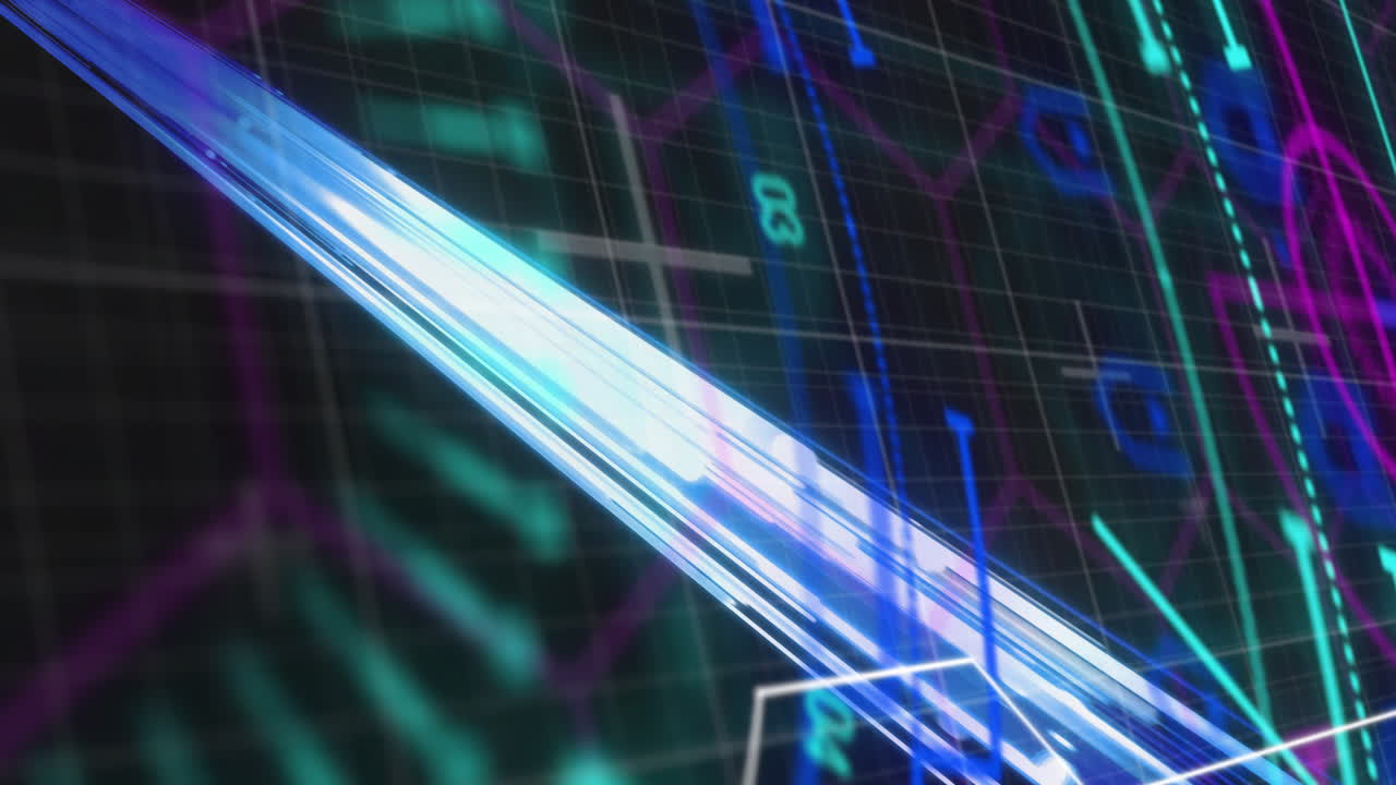 animación de redes y luces sobre pantalla de interfaz de instrumentos de automóviles sobre fondo negro