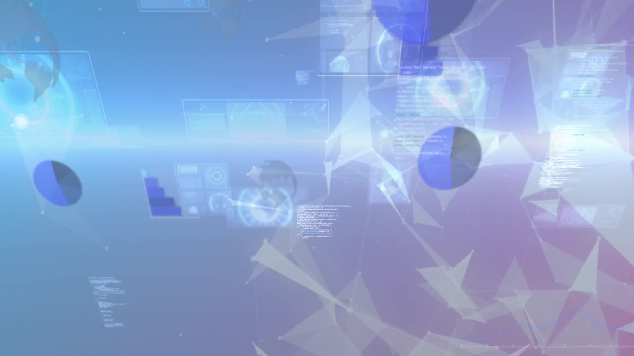 다중 둥근 스캐너의 애니메이션 및 그래디언트 배경에서 플렉서스 네트워크를 통해 데이터 처리