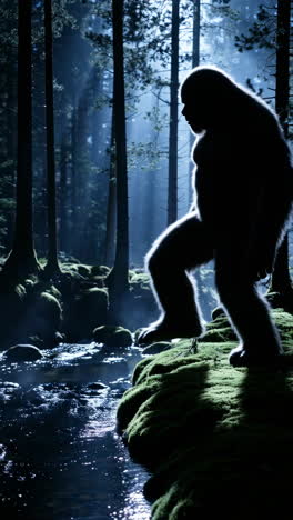 bigfoot silhouette in a misty forest by a river