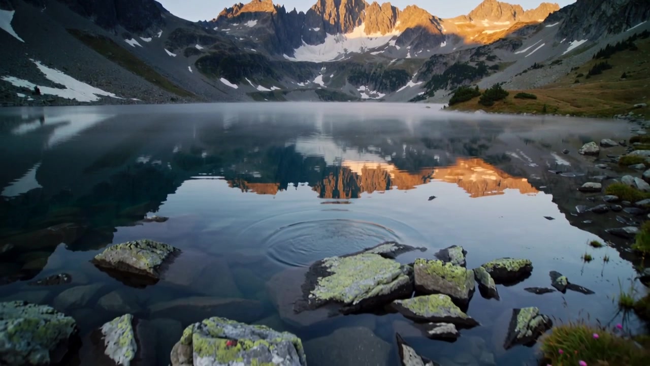 Danau beriak memantulkan puncak, menyebarkan riak setelah percikan di tepi danau pegunungan, bebatuan berlumut terlihat.