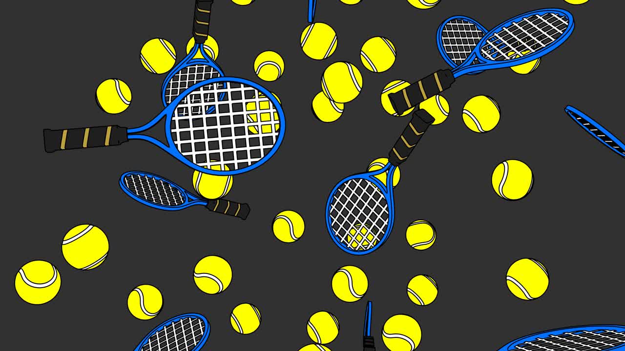 회색 배경에 있는 테니스 공과 파란색 테니스 라켓입니다.