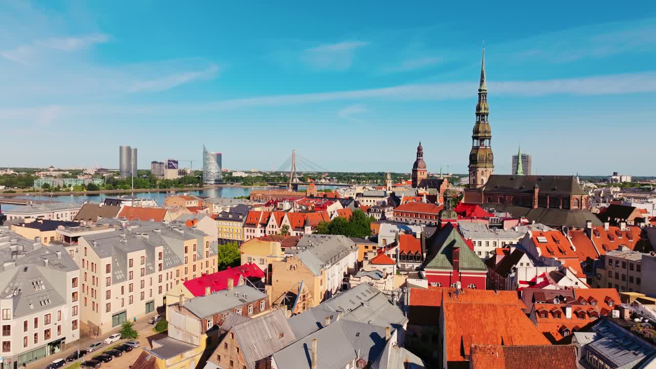 Panoramic cinematic aerial revealing Riga’s medieval skyline and river views