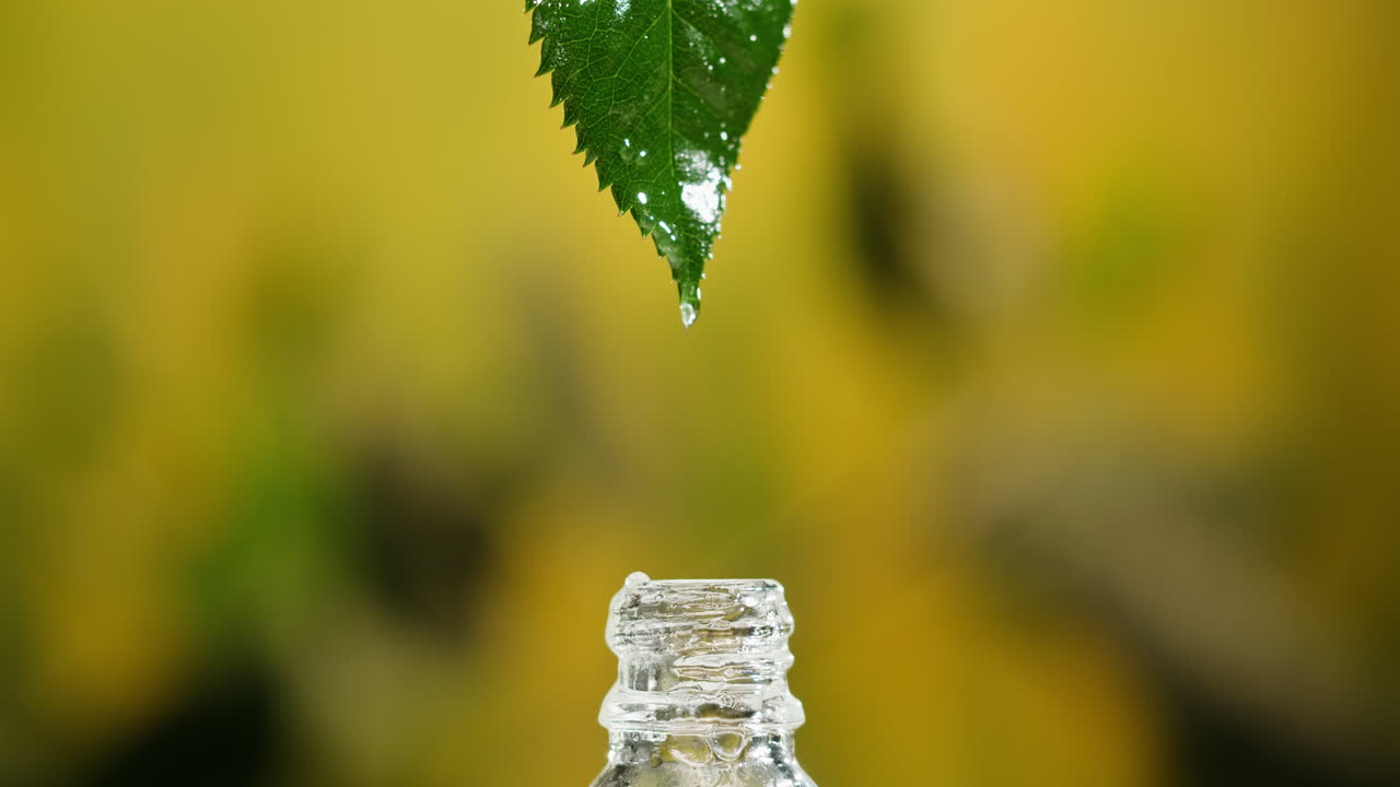 Water Droplet Falling from Leaf onto Bottle