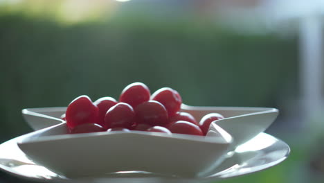 Baby-plum-tomatoes-in-white-dish-with-green-garden-and-sunshine-background,-sliding-movement-from-right-to-left