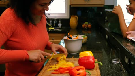 Kids-using-laptop-and-digital-tablet-while-mother-cutting-vegetables-4k