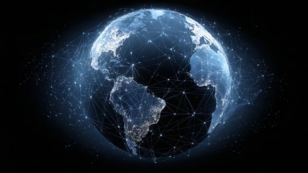 Et fængslende syn af Jorden, der viser vores forbundne verden gennem et netværk af lys, der repræsenterer global kommunikation og teknologi i bevægelse