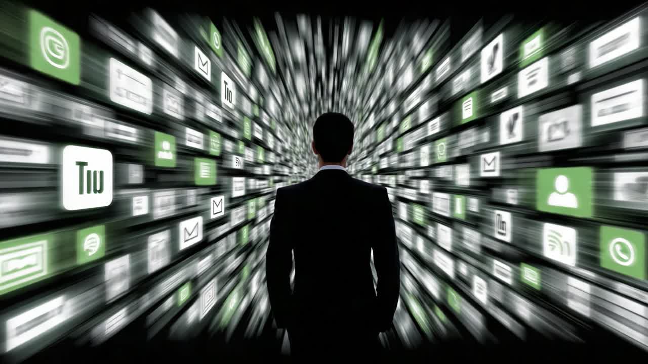 A Man Contemplates the Digital Universe, Surrounded by Floating Icons and Data, Highlighting the Intersection of Technology and Human Connection