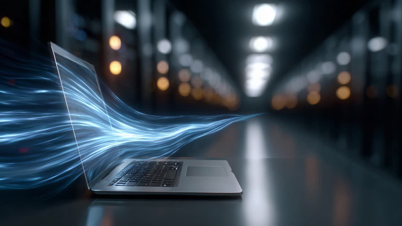 Innovative Laptop Emitting Digital Energy Waves in a Server Room Environment, Showcasing Cutting-Edge Technology and Futuristic Connectivity Efficiency and Performance