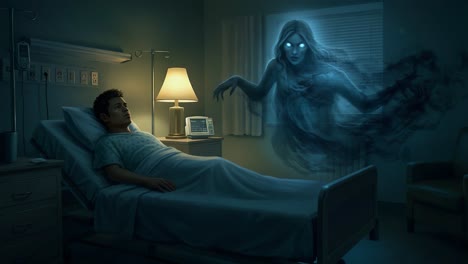 a haunting encounter in a hospital room: a mysterious apparition confronts a patient in a bed, shrouded in shadows, evoking fear and intrigue