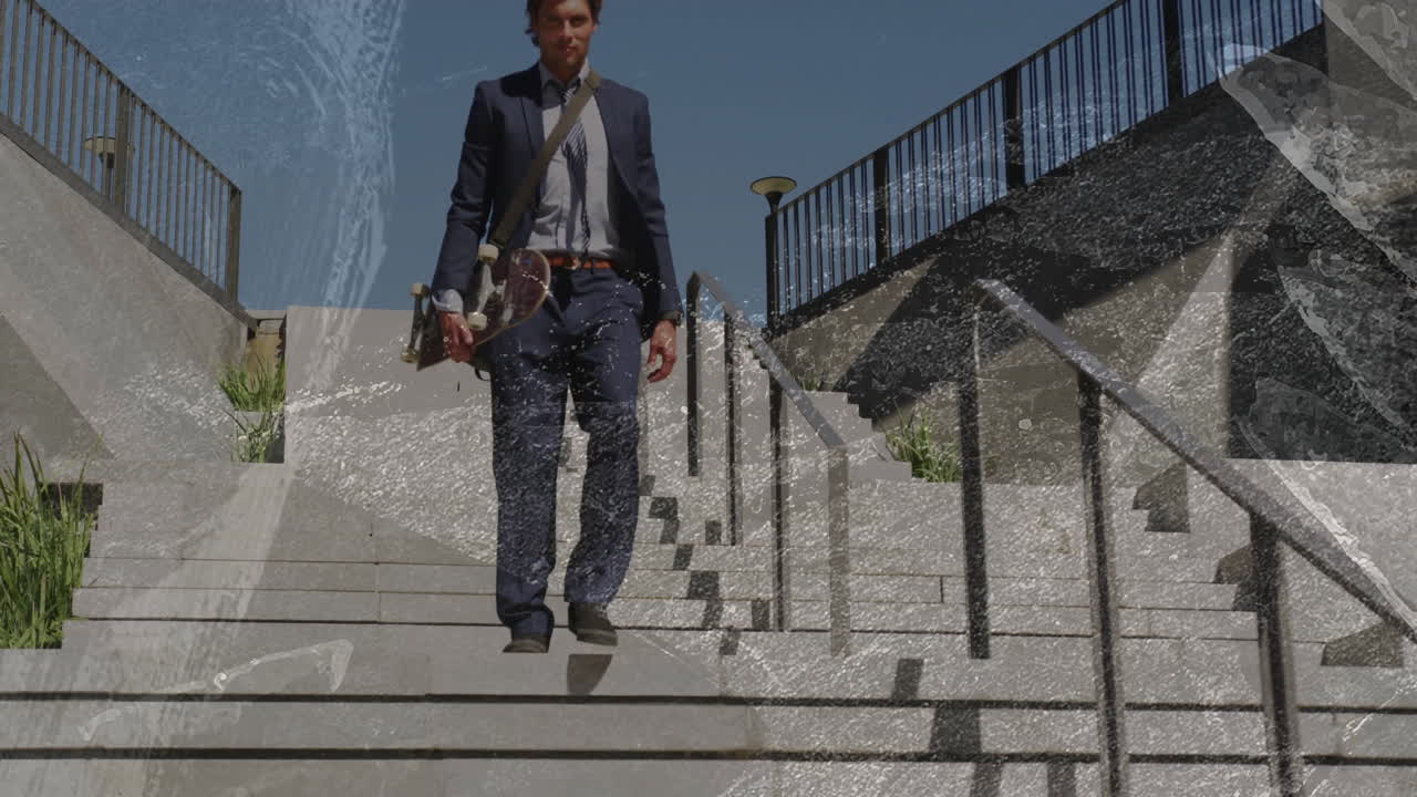 Businessman walking down concrete stairs in urban office plaza, showcasing animated finance charts