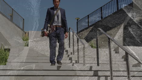 businessman walking down concrete stairs in urban office plaza, showcasing animated finance charts