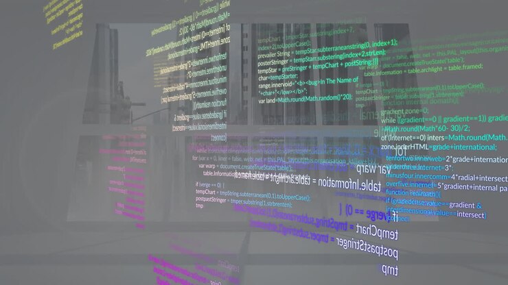 Animacja kolorowego kodu programistycznego unoszącego się nad tłem miejskiego krajobrazu