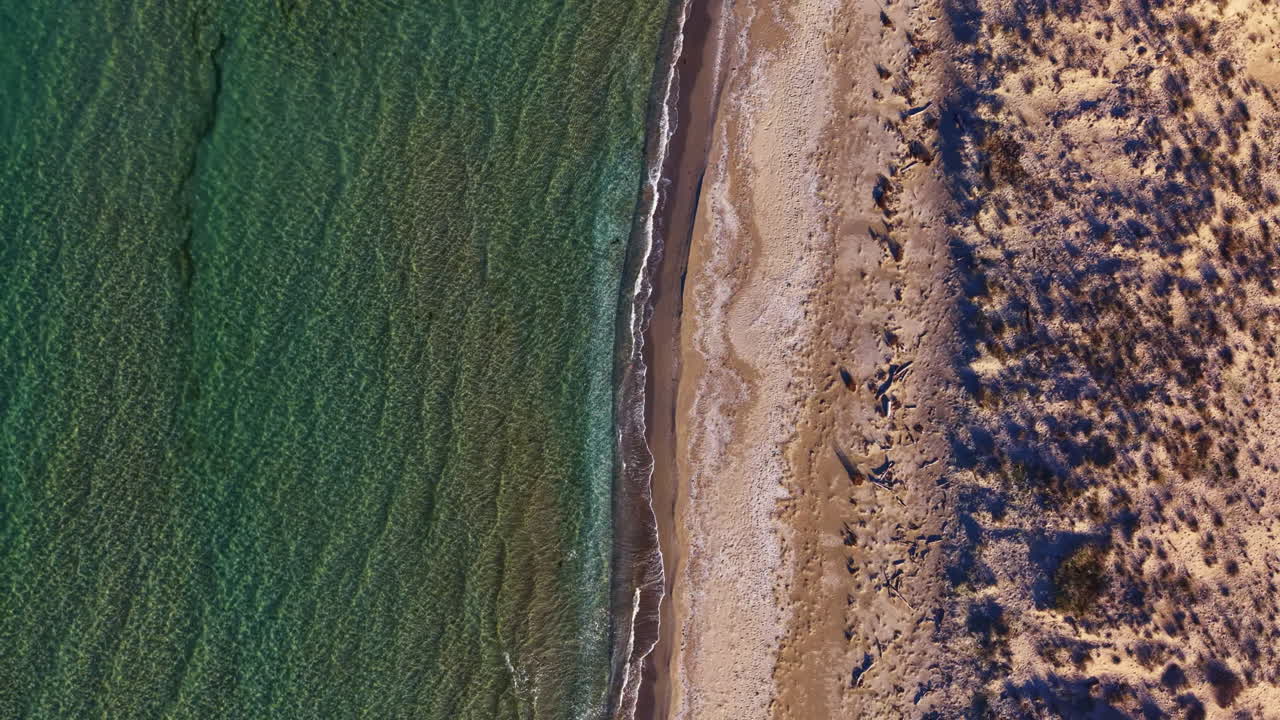 Waves gently kiss the golden shore as sunlight dances on the clear waters of a secluded beach at midday