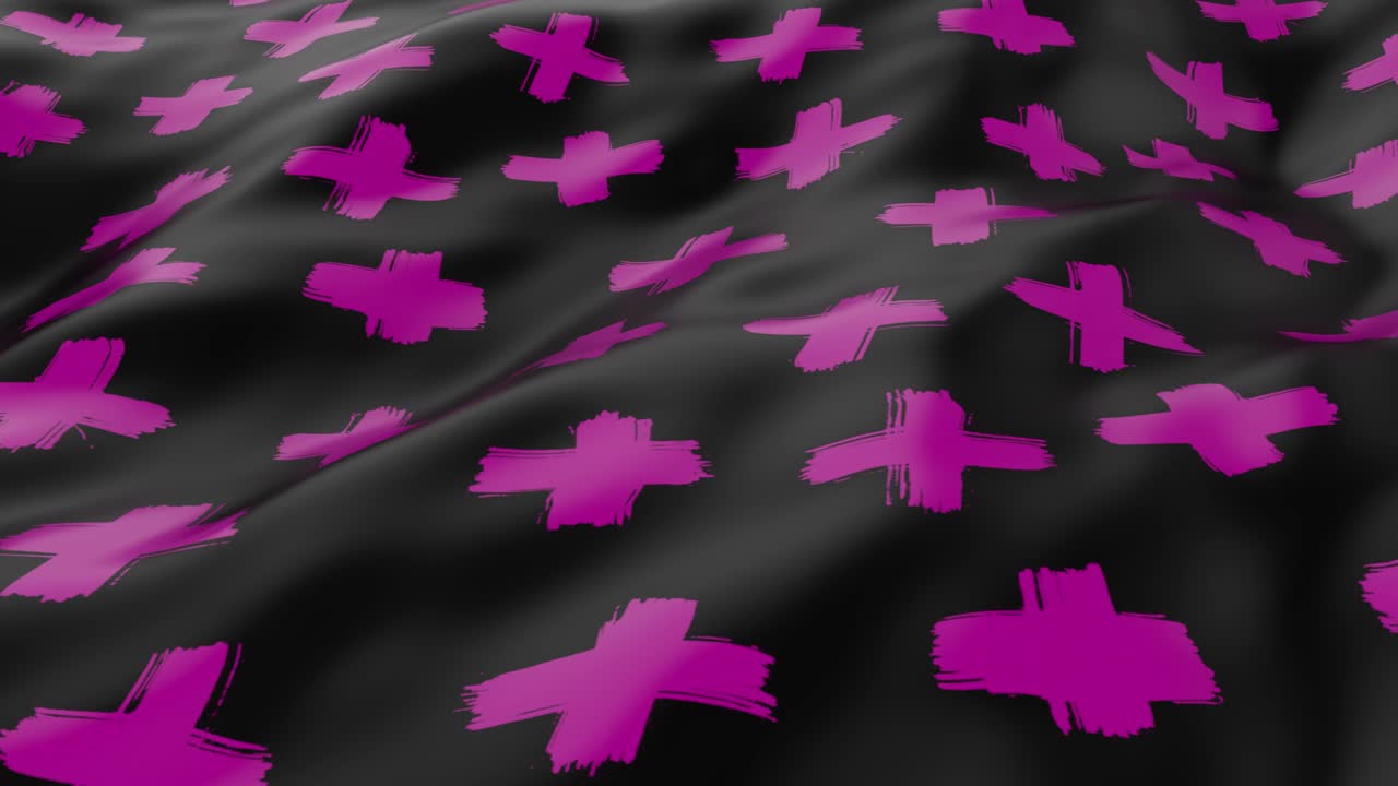 Abstract smooth surface with ripples. Cloth with waves. Pink pattern of crosses on a black canvas. Fashion luxury textile. For advertising, poster, branding, web. 3D animation of seamless loop. 4K UHD