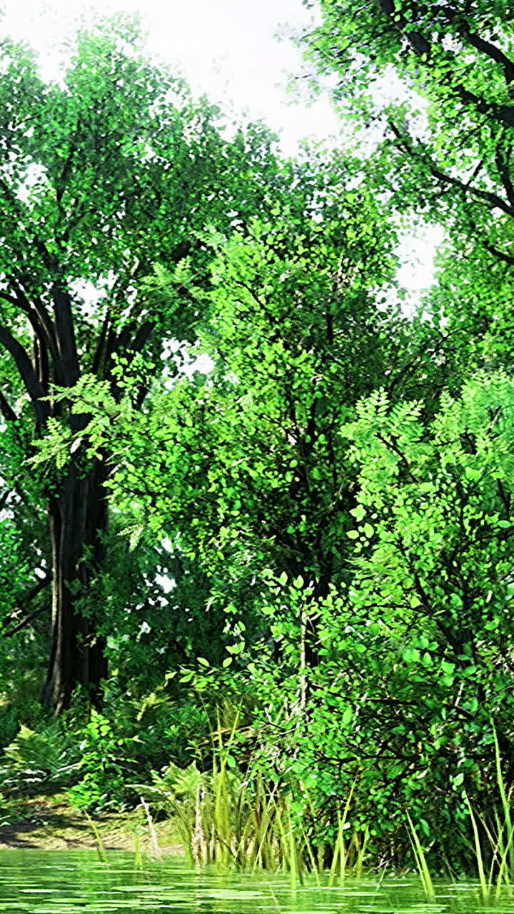 Lush green forest reflecting in tranquil waters at midday