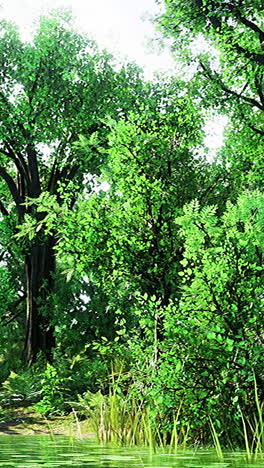 lush green forest reflecting in tranquil waters at midday