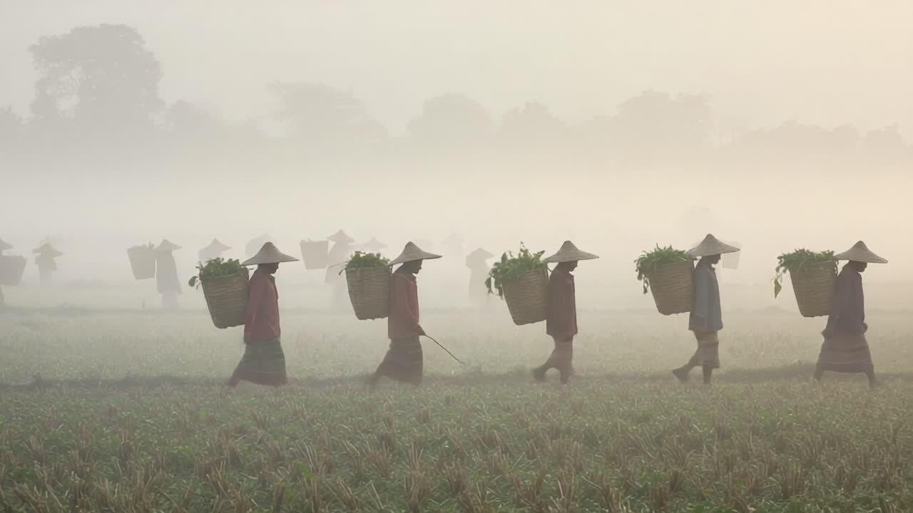 Harvesting Serenity: A Morning Scene of Farmers In Fog Carrying Baskets of Fresh Produce Through Lush Fields, Emphasizing the Beauty of Agriculture and Nature's Tranquility
