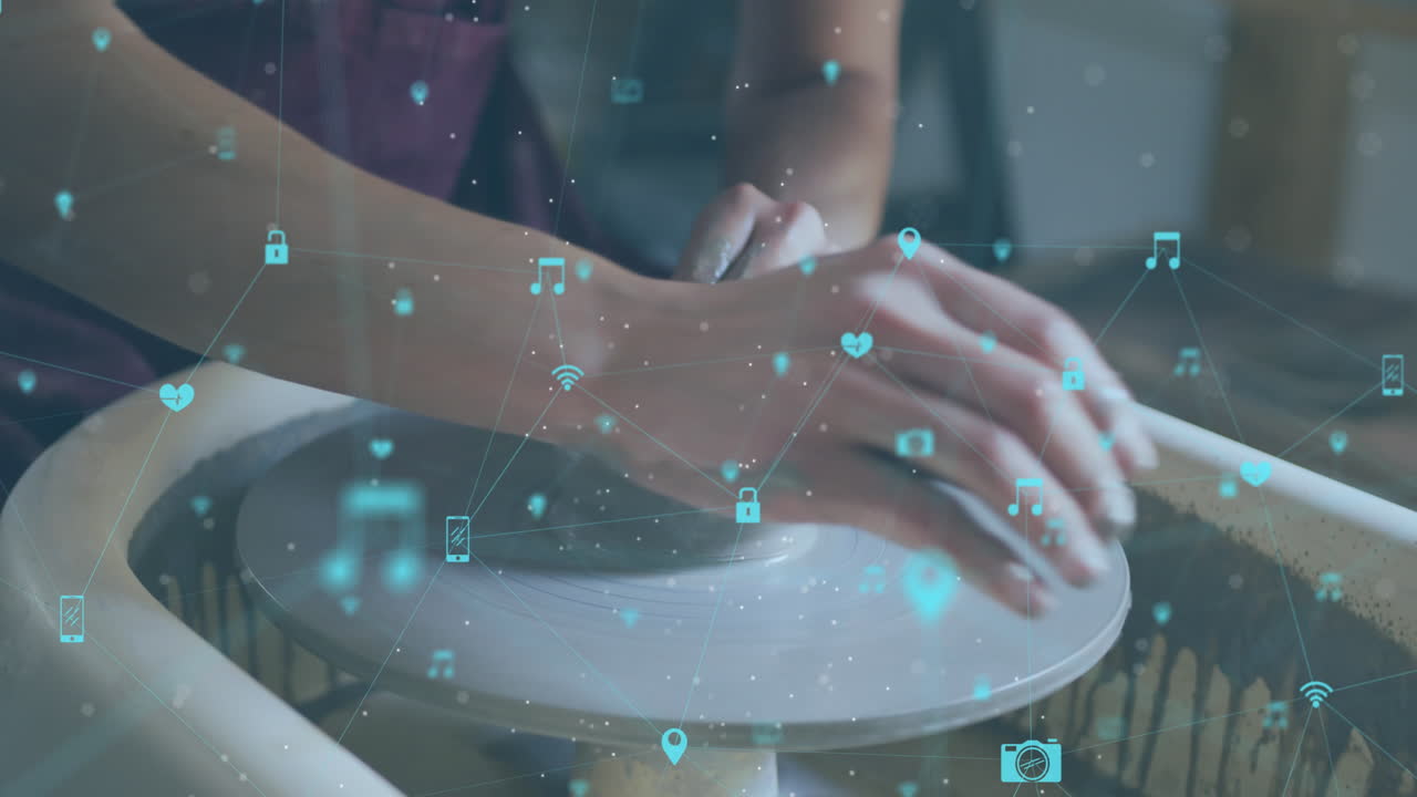 도자기를 하는 백인 여성에 대한 아이콘과의 연결 네트워크의 애니메이션