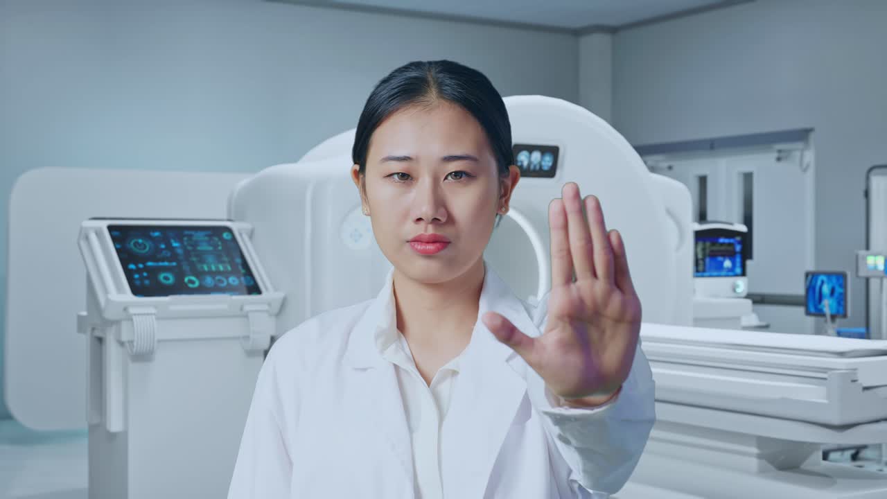 Close Up Of Asian Woman Doctor Making Stop Gesture While Standing With Mri Machine In The Hospital
