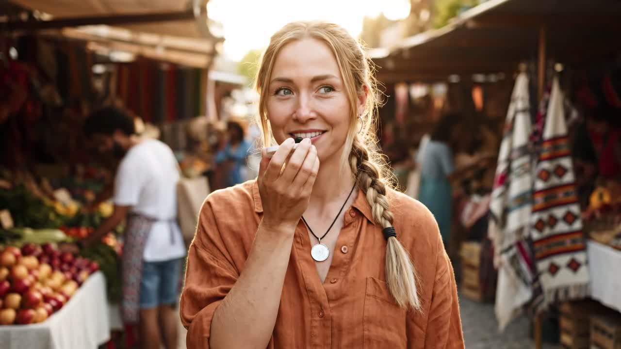 Woman eating at outdoor market