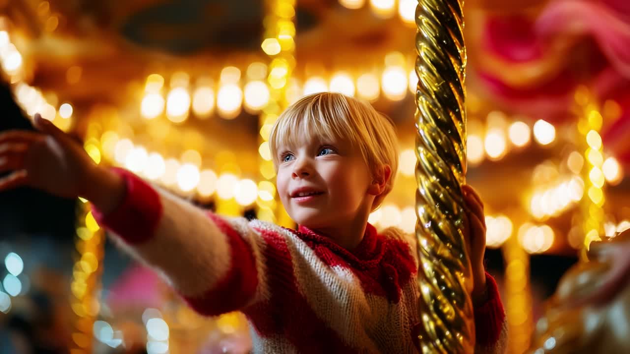 Et glad barn rækker ud efter magien i et pariserhjul om natten, omgivet af et hav af varme, glødende lys, der indfanger essensen af barndomsforundring og glæde