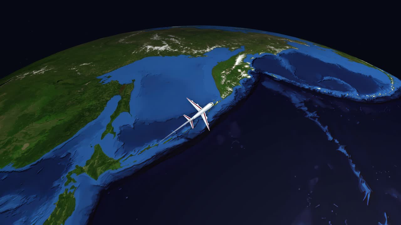 A commercial airplane flies across a 3D globe from Tokyo to Charlotte with labels
