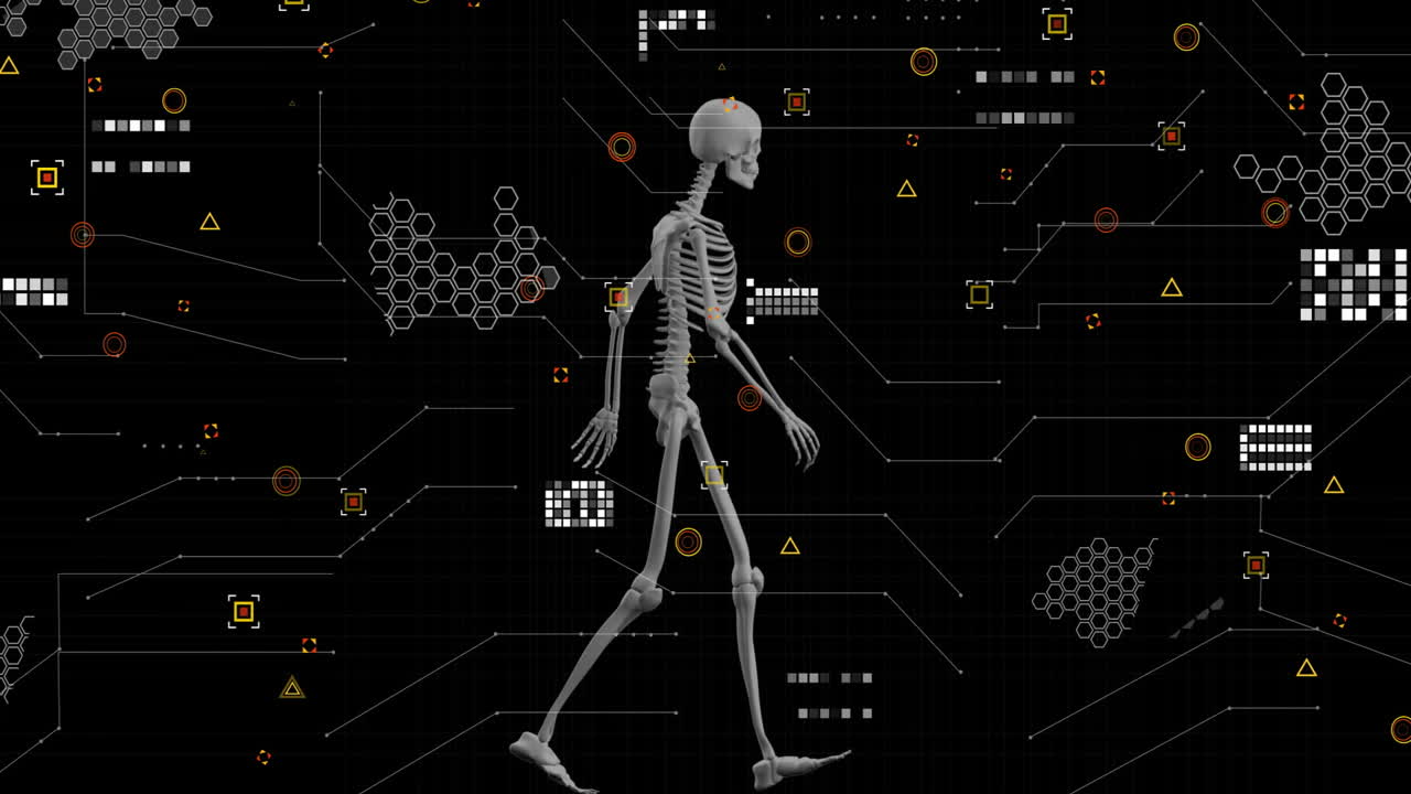 Walking skeleton over digital data and geometric shapes, animation of scientific analysis