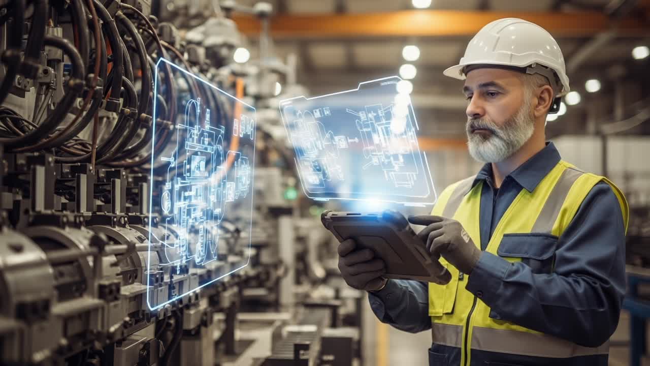 A skilled technician in a hard hat uses an advanced tablet to engage with augmented reality schematics, showcasing a blend of technology and engineering in a modern industrial setting