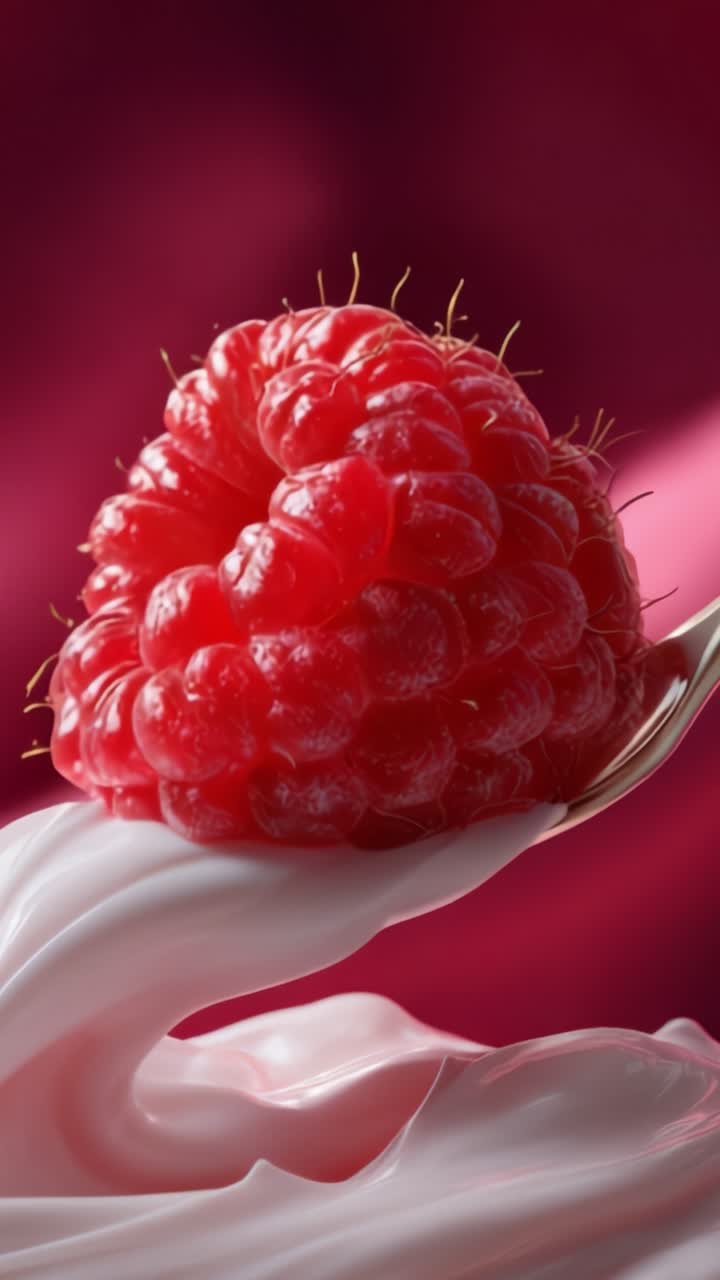 A Fresh Raspberry on a Spoon Surrounded by Cream - A Close-Up Shot Capturing the Juicy Texture and Vibrant Color of the Berry Against a Soft Background