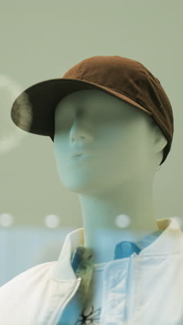 una vista de maniquíes masculinos y femeninos vestidos con trajes elegantes en un centro comercial. el maniquí masculino lleva una gorra y una chaqueta, mientras que el maniquí femenino usa gafas de sol y una camiseta de moda