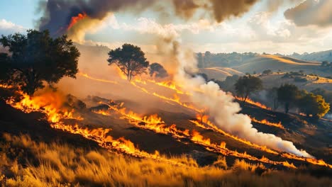 a large fire burns in the middle of a grassy field