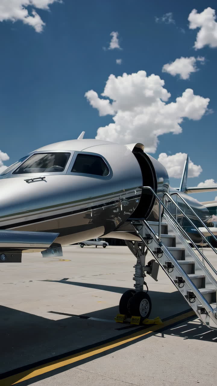 A close-up view of a private jet on an airport tarmac under a blue sky with clouds
