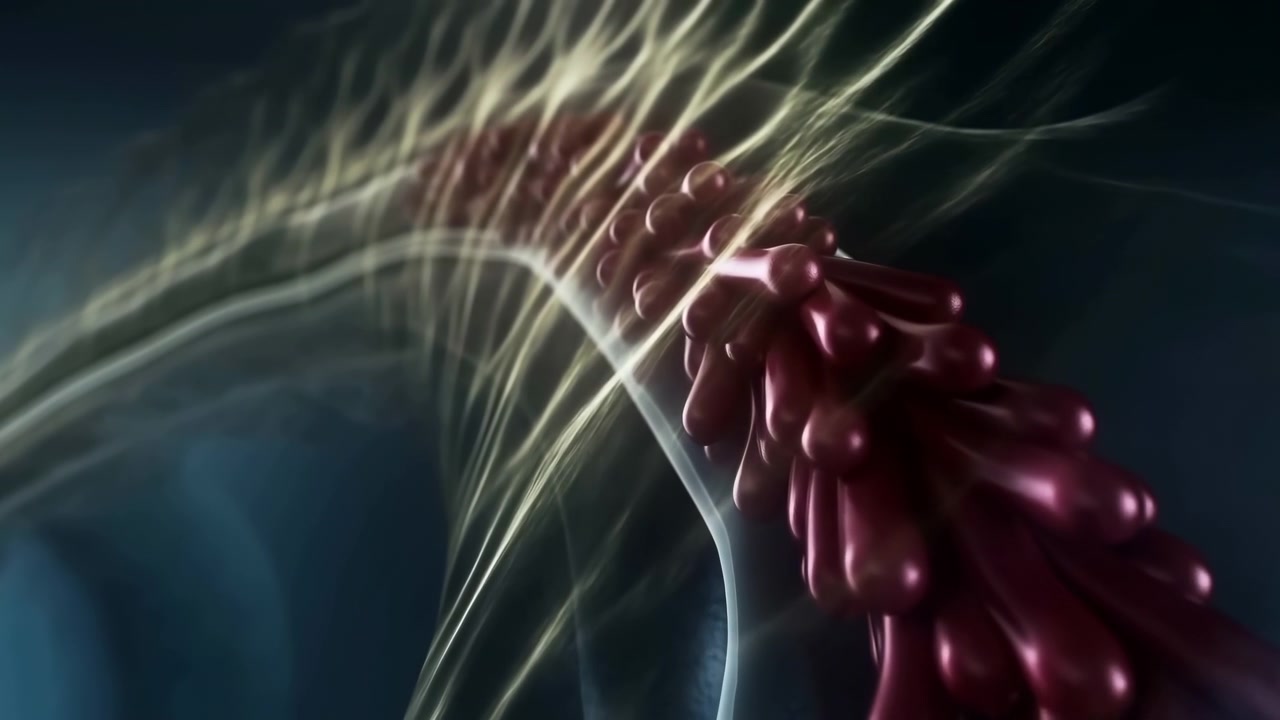 Shiny burgundy forms remain grouped around a pale curved strand while delicate glowing lines shift across the frame, creating layered depth against a shadowy blue backdrop.